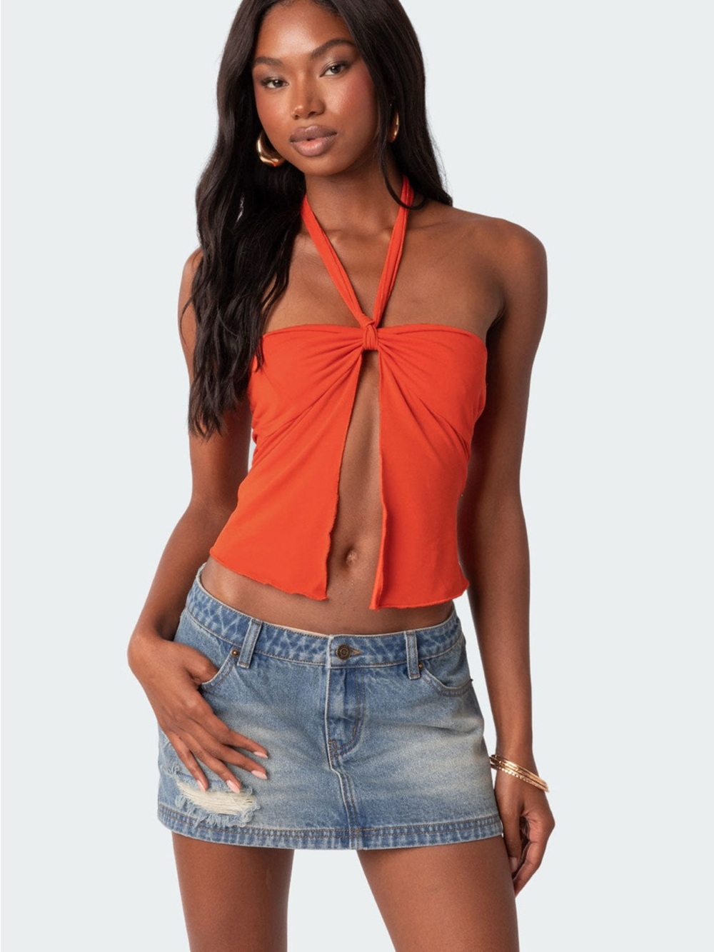 Edikted Orange Halter Twist Keyhole Crop Top